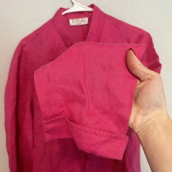TOTOnKO Womens Size 1X 100% Linen Button Front Blouse Tunic Airy V Neck Hot Pink - Picture 3 of 6